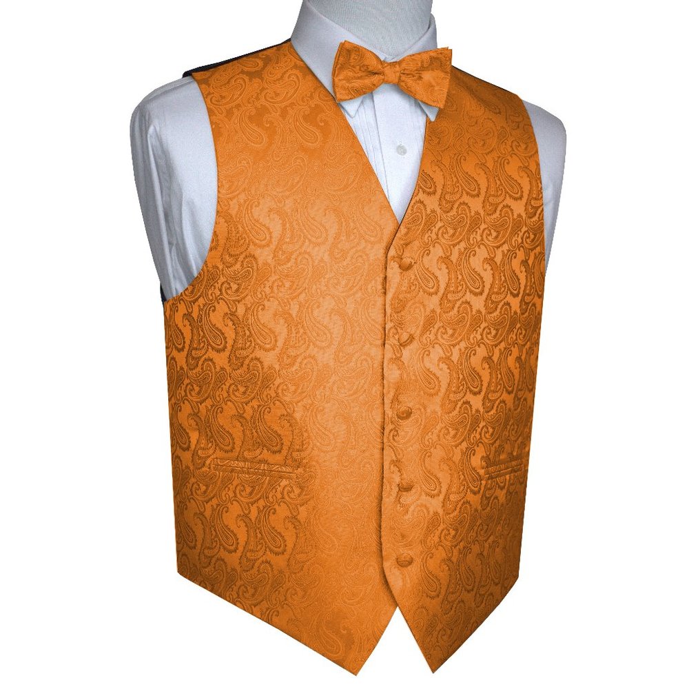 Men's Formal Wedding Prom Homecoming Tuxedo Vest Bow-Tie Hankie - Orange Paisley